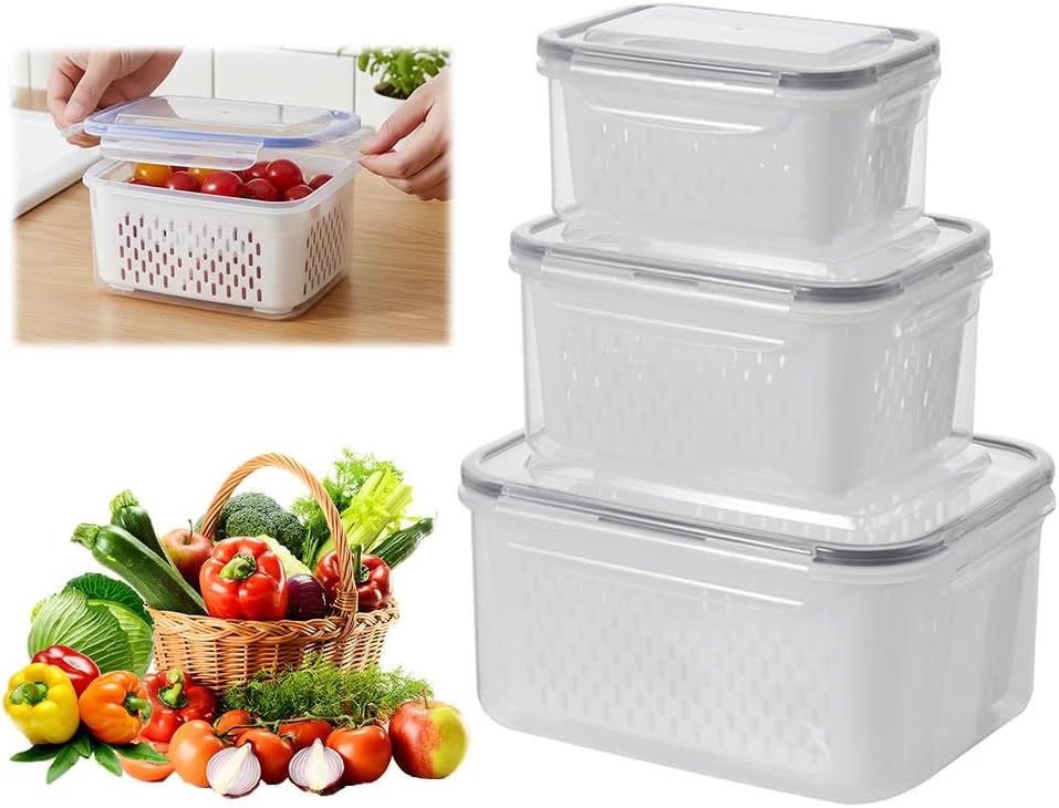 Fruit Storage Containers for Fridge: Airtight Food Storage Container with Removable Drain Basket - Ideal for Fridge, Vegetables, Fruits, & Dry Goods - Space-Saving & Freshness Locking (blue, M+L)