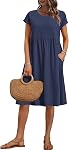 WNEEDU Women Summer Dresses Short Sleeve Knee-Length Round Neck Loose Dress