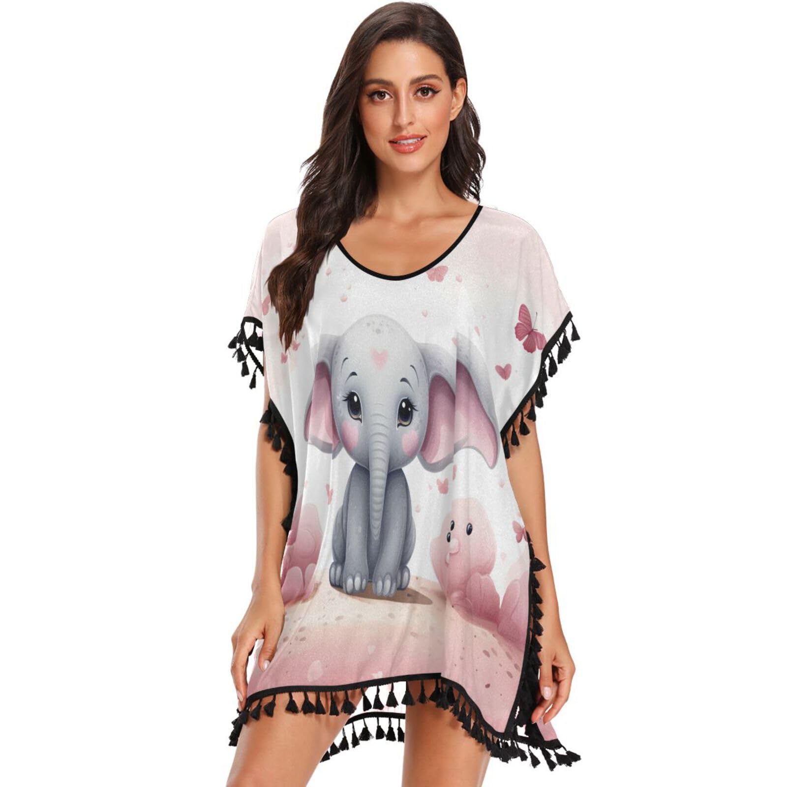 KAAVIYO Pink Cute Elephant Women's Beach Cover Up Chiffon Tassel Swimwear Swimsuit Coverups for Girl