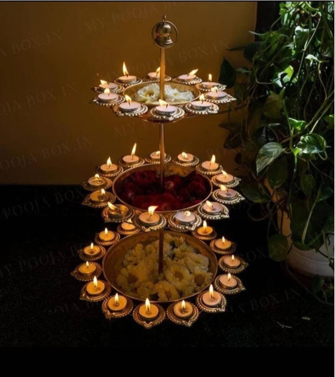 ZR HANDICRAFTS METAL CREATION 3 Tier Brass Urli Metal Arts Metal Gold Urli Bowl with Diya Urli Bowl for Home Decoration | Candle Stands with Diya | Diwali Showpiece Candle Holder 2