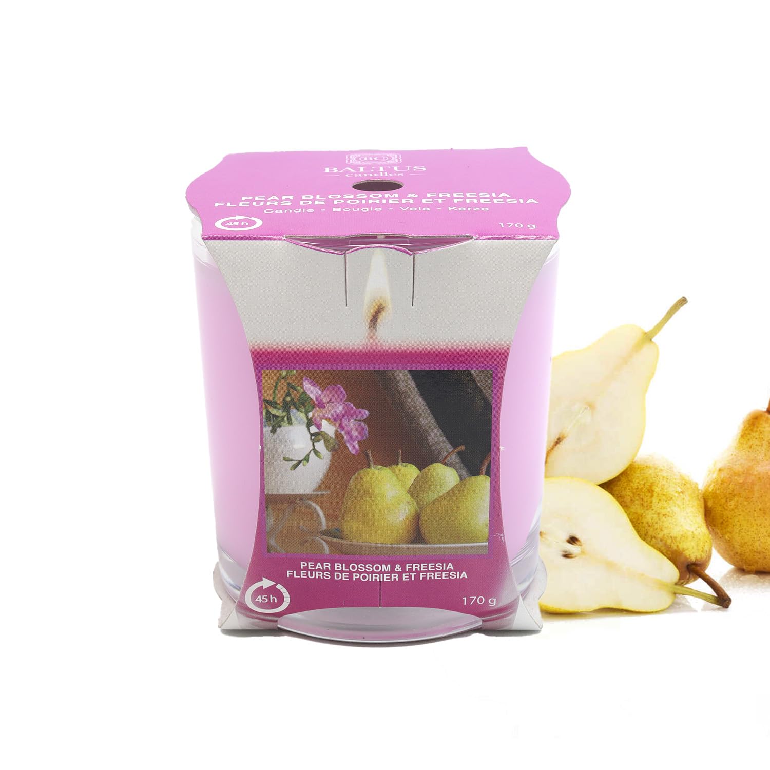 Baltus Multicoloured Scented Candle Pear Blossom & Freesia 170G Single Wick 45Hrs Glass Jar Gift Idea