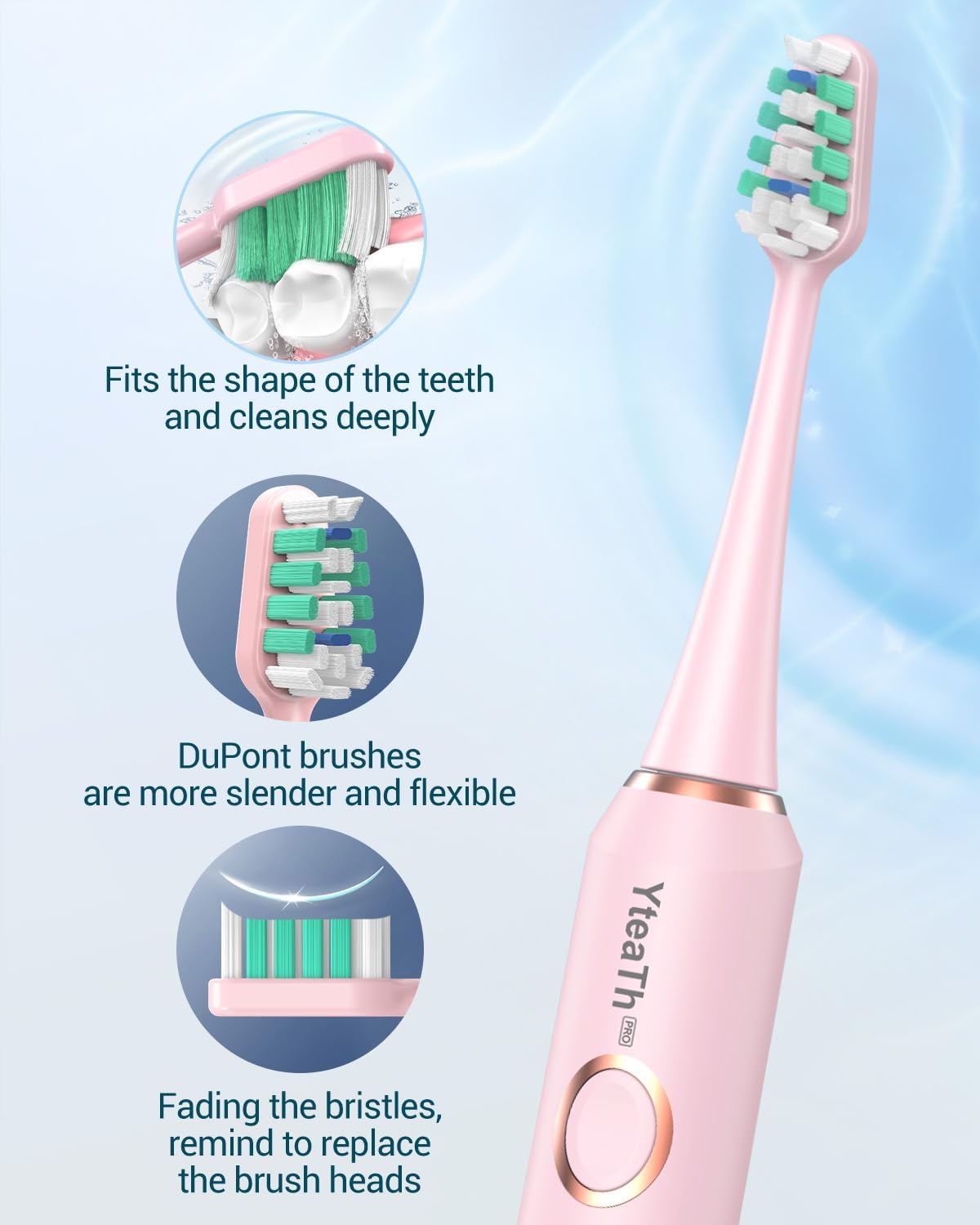 Diagram showing how to attach the replacement brush head to the YTEATH PRO electric toothbrush handle.