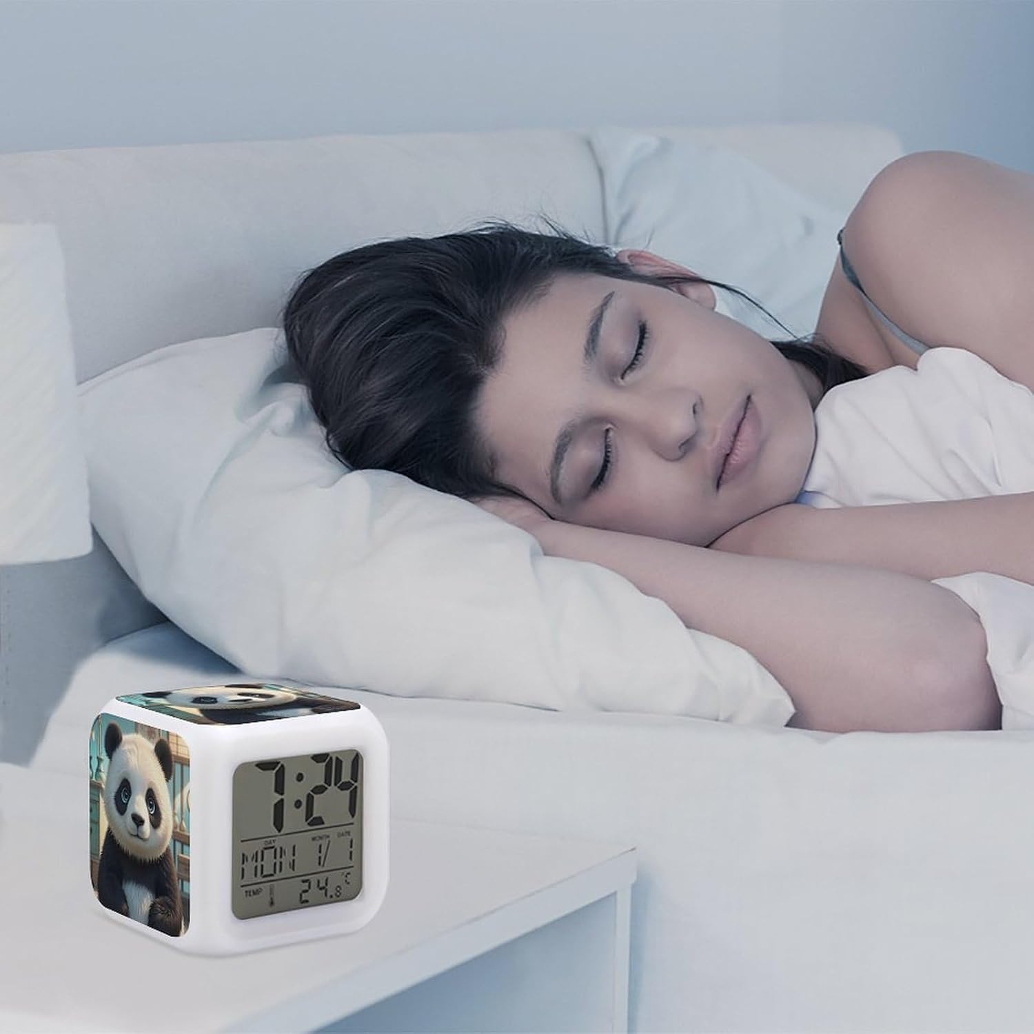 Anime Panda FaceAlarm Clock LED Digital Clock Battery Operated Desk Clocks Modern Design Nightlight Daylight 7 Colors for Bedrooms Living Room Kitchen image 5