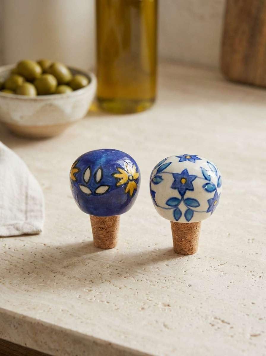 Midnight Bloom Blue Pottery Ceramic Bottle Stopper Set of 2 | Floral Wine Cork Bottle Cap with Cobalt Blue Finish | Decorative Reusable Bottle Seal for Wine Bar Kitchen & Gifting-image-16