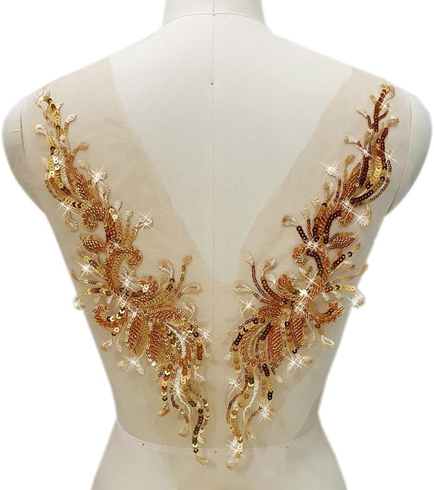 Heavy Luxury Handmade Beading Glass Beads for Evening Dress Lace Fabric Patch Wedding Dress Applique Accessories (Gold, 1 Set=A+B+C)
