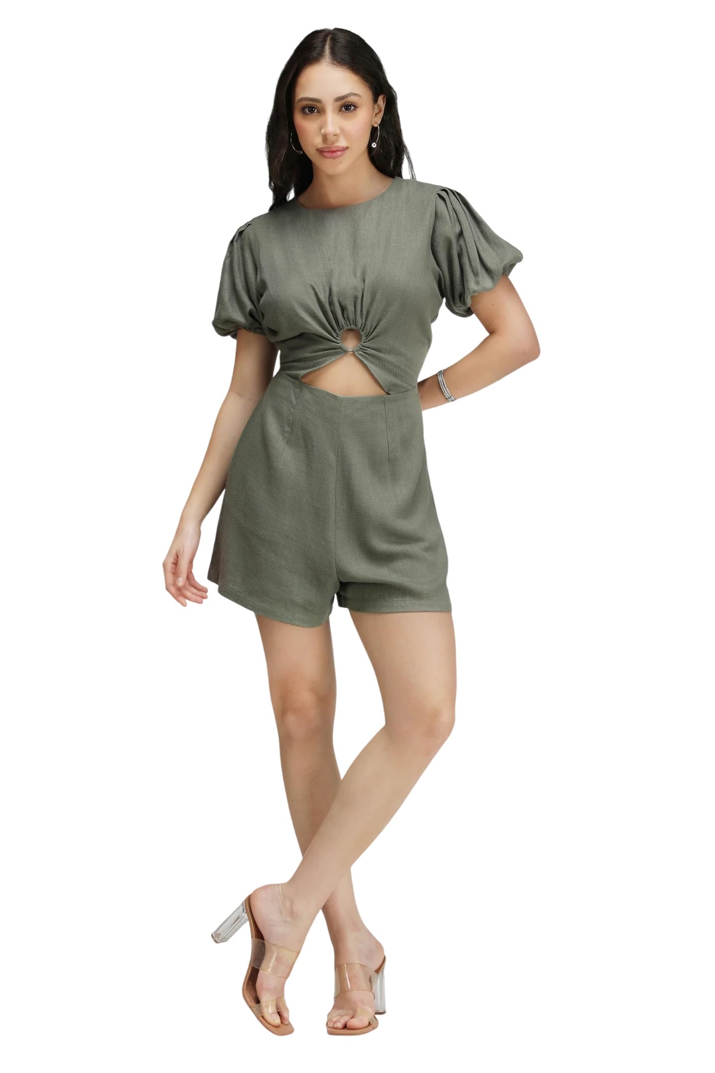 Women’s Olive Ring Cut-Out Playsuit, Cropped Brunch Style Jumpsuit for Women, Sleeveless One Piece Outfit with Stylish Cut-Out Neck Detail, Casual Wear Romper, Modern Fashion Fit-image-13