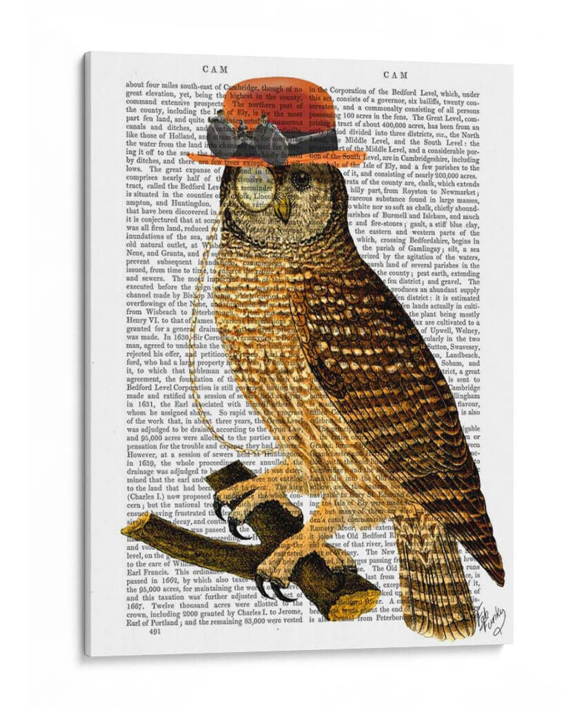 Canvas Lab Canvas Wall Art Decor Owl with Steampunk Style Bowler Hat by the Artist Fab Funky – Size: 15 x 20 in - Art subject: Animals,Nature,Nature and animals