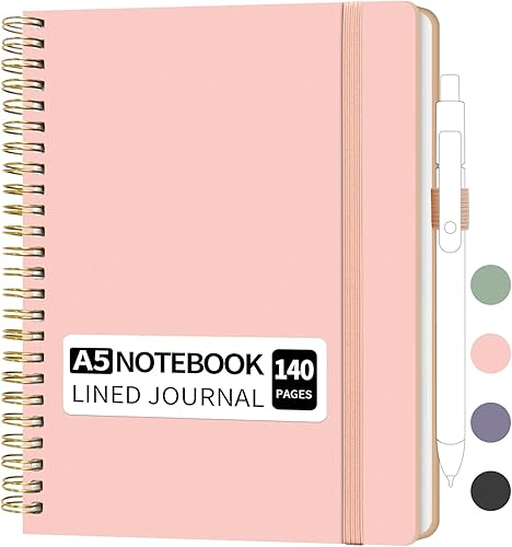 Miniatura 1 de Cuaderno de espiral rayado A5 con soporte para bolígrafos, diario de tapa dura de 140 páginas para mujeres, planificador de listas de tareas para el