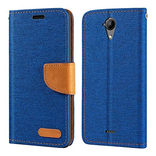 Étui Portefeuille en Tissu Oxford et Cuir PU Compatible avec Wiko U Feel Lite, Coque Robuste avec Rabat Magnétique et Fentes Cartes (Bleu)