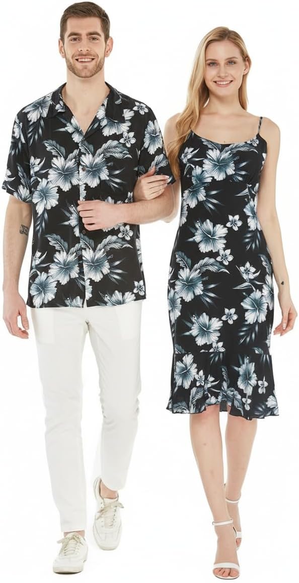 Matchable Couple Hawaiian Luau Shirt or Mermaid Ruffle Dress in Midnight Bloom
