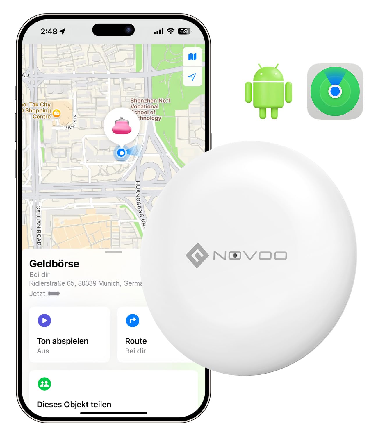 NOVOO Smart Wallet Tracker Tag per Apple & Google Find My, Bluetooth Localizzatore con Allarme 80dB, Batteria Sostituibile