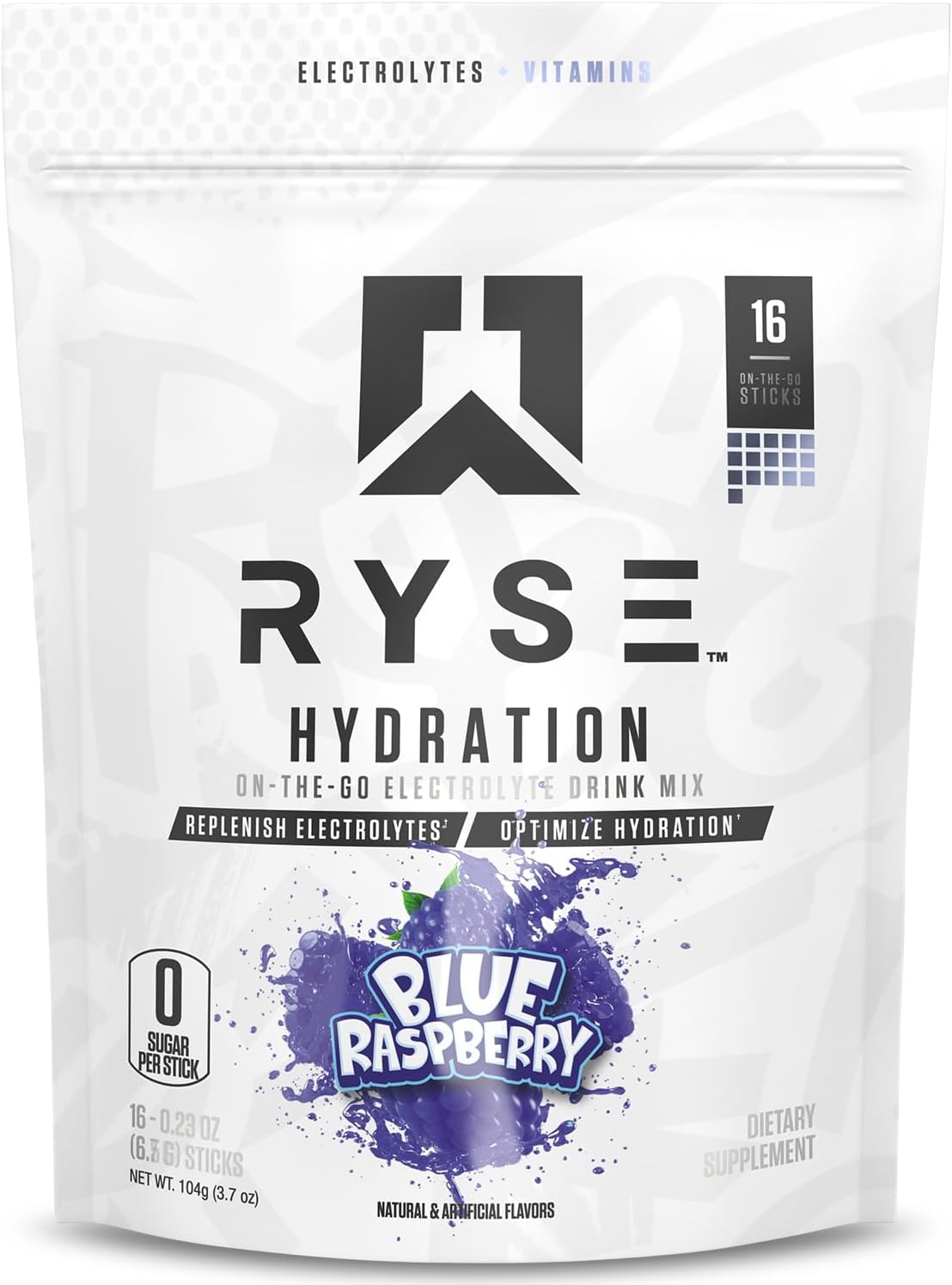 RYSE Hydration Electrolyte Powder Drink Mix Packets - Blue Raspberry - Sugar-Free Full Spectrum Electrolytes with Essential Vitamins, Taurine and Choline for Rehydration - 16 Serving Sticks