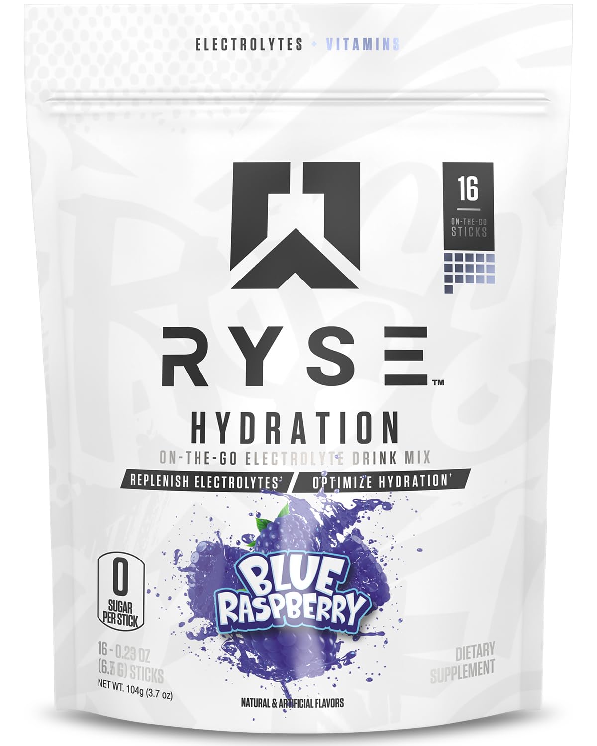 RYSE Hydration Electrolyte Powder Drink Mix Packets - Blue Raspberry - Sugar-Free Full Spectrum Electrolytes with Essential Vitamins, Taurine and Choline for Rehydration - 16 Serving Sticks