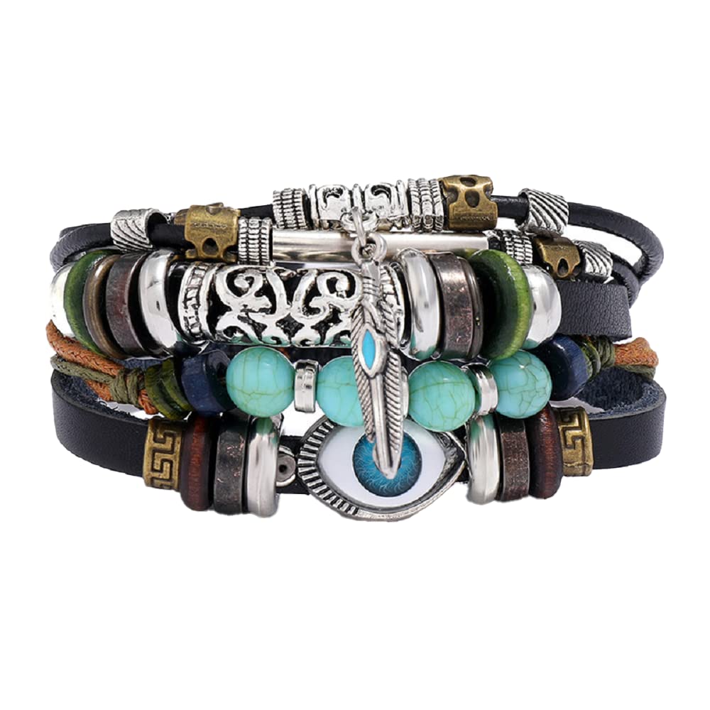 Bracelet for Man, Leather Bracelet Bracelet,Bracelets,Multilayer Leather Bracelet Braides Rope Bracelet Adjustable Leather Turquoise Beads Bracelets Vintage Boho Style Bracelet Jewelry Wrap Wristband
