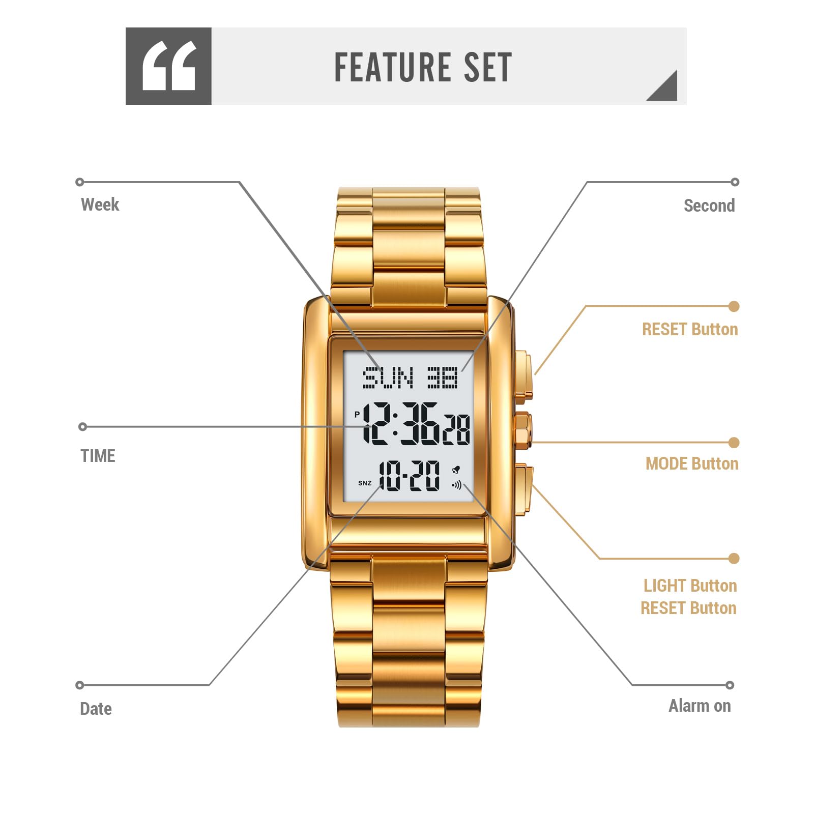 Gosasa Orologio sportivo casuale dell'acciaio inossidabile della vigilanza di Digital degli uomini | Orologi rettangolari impermeabili con display luminoso