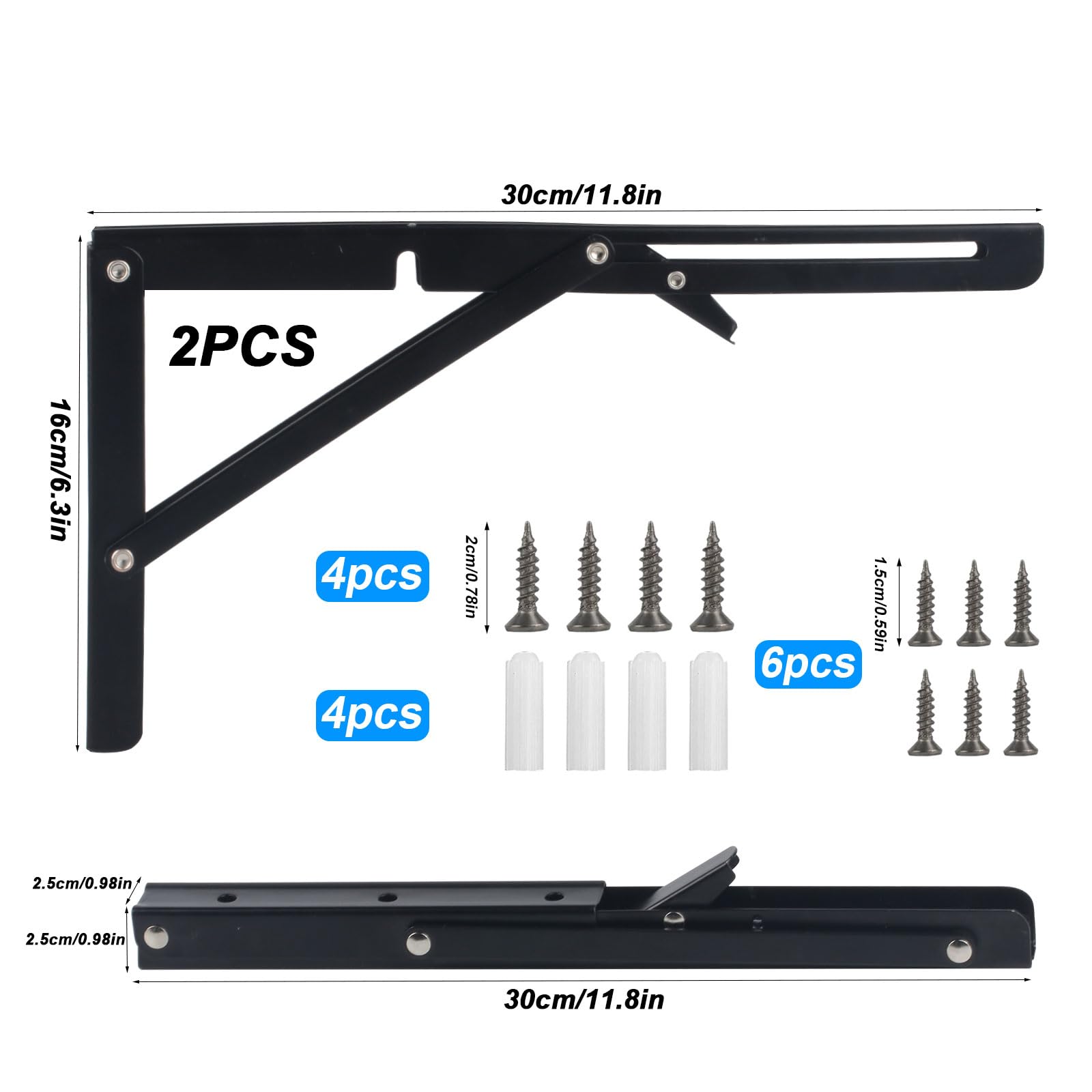 2 x Staffe Pieghevoli, Mensola Pieghevole, Reggimensola, Staffe Per Mensole Pieghevoli Pesant, 300mm Supporti per Mensole, Salvaspazio Supporto Tavolo da Parete Staffe Triangolari per Garage Cucina