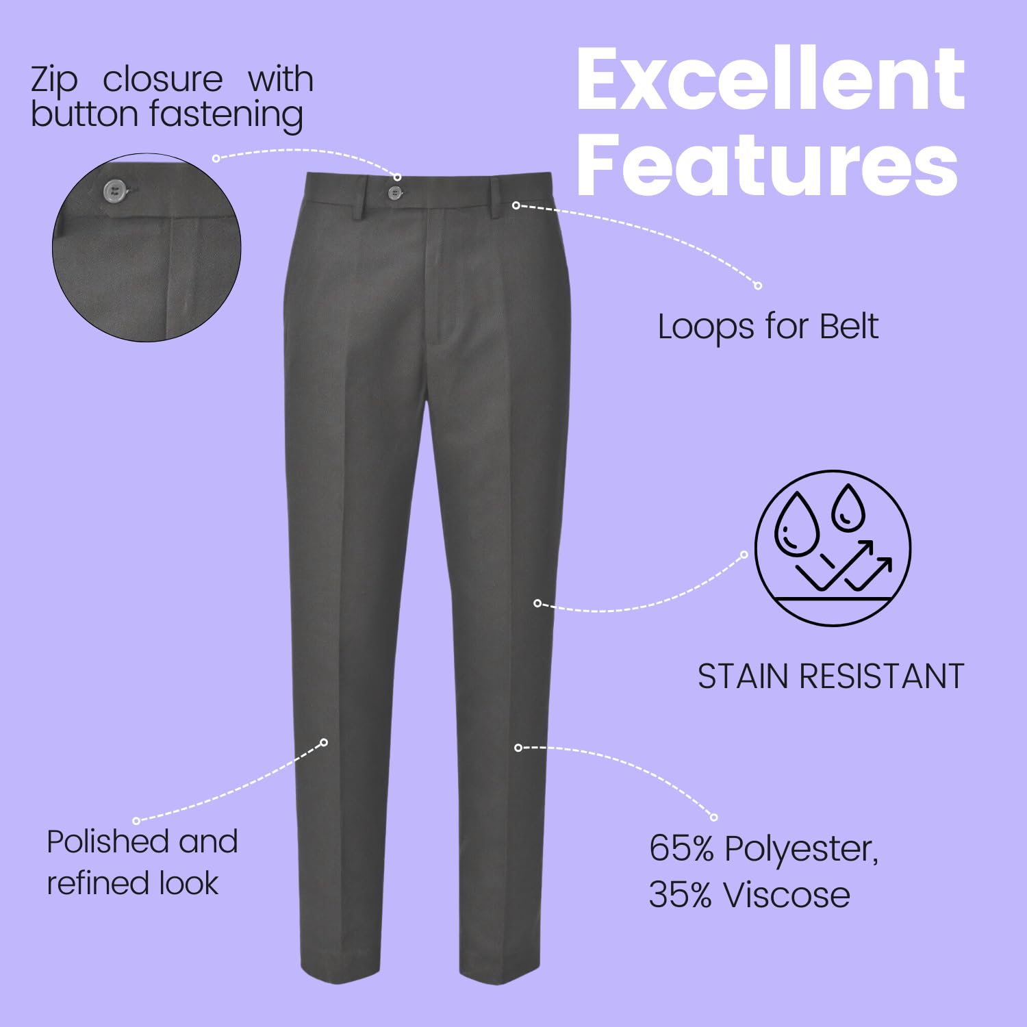 Pantalones escolares para niños mayores, paquete de 3 pantalones ajustados resistentes a las manchas con ajuste frontal plano de cintura, elegantes pantalones de uniforme escolar con