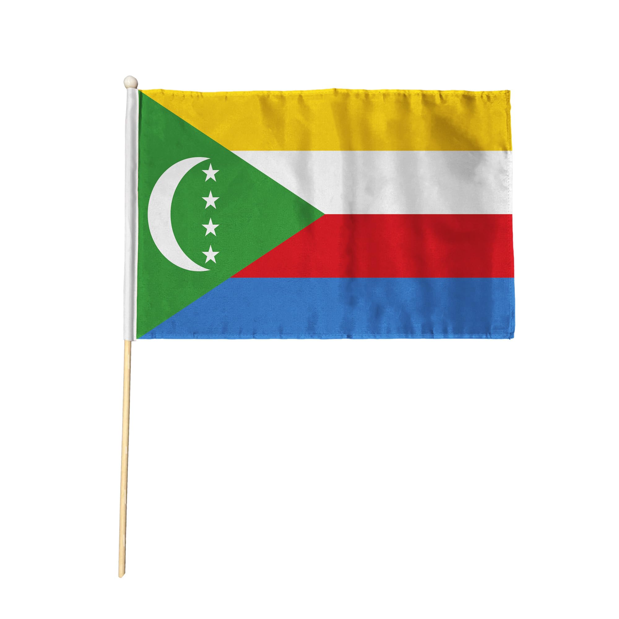 Flagtex Comoros Pack of 12 Hand Waving Flag (9x6 Inch) - Premium Wooden Stick Hand Flag with Natural Wood Pole Comorian National Flag for Events Celebrations International Gatherings