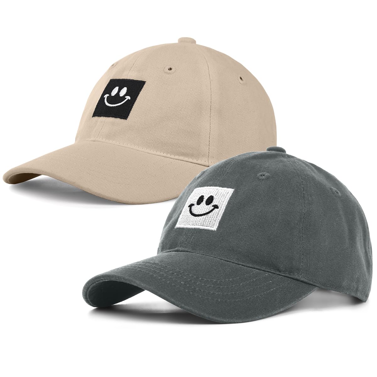KIRAAT 2 Pack Smiley Face Baseball Cap for Women Men,Adjustable Washed Cotton Low Profile Dad Hat