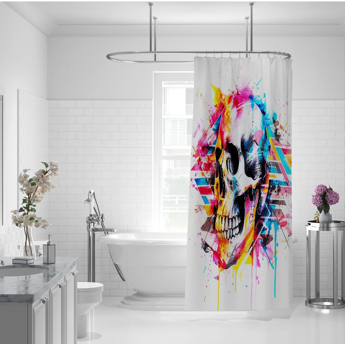 Bunte Totenkopfkunst-Duschvorhang mit Aquarellspritzern und geometrischen Linien Moderner Badewannenvorhang Wasserdichtes Polyester-Maschinenwaschbar 200 x 200 cm