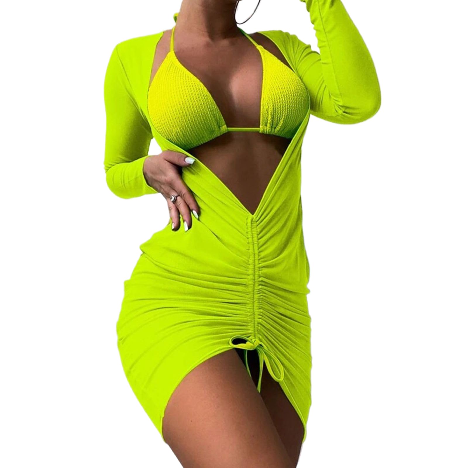 Maillot de bain 3 pièces de créateur couleur unie taille haute et son kimono chic assorti