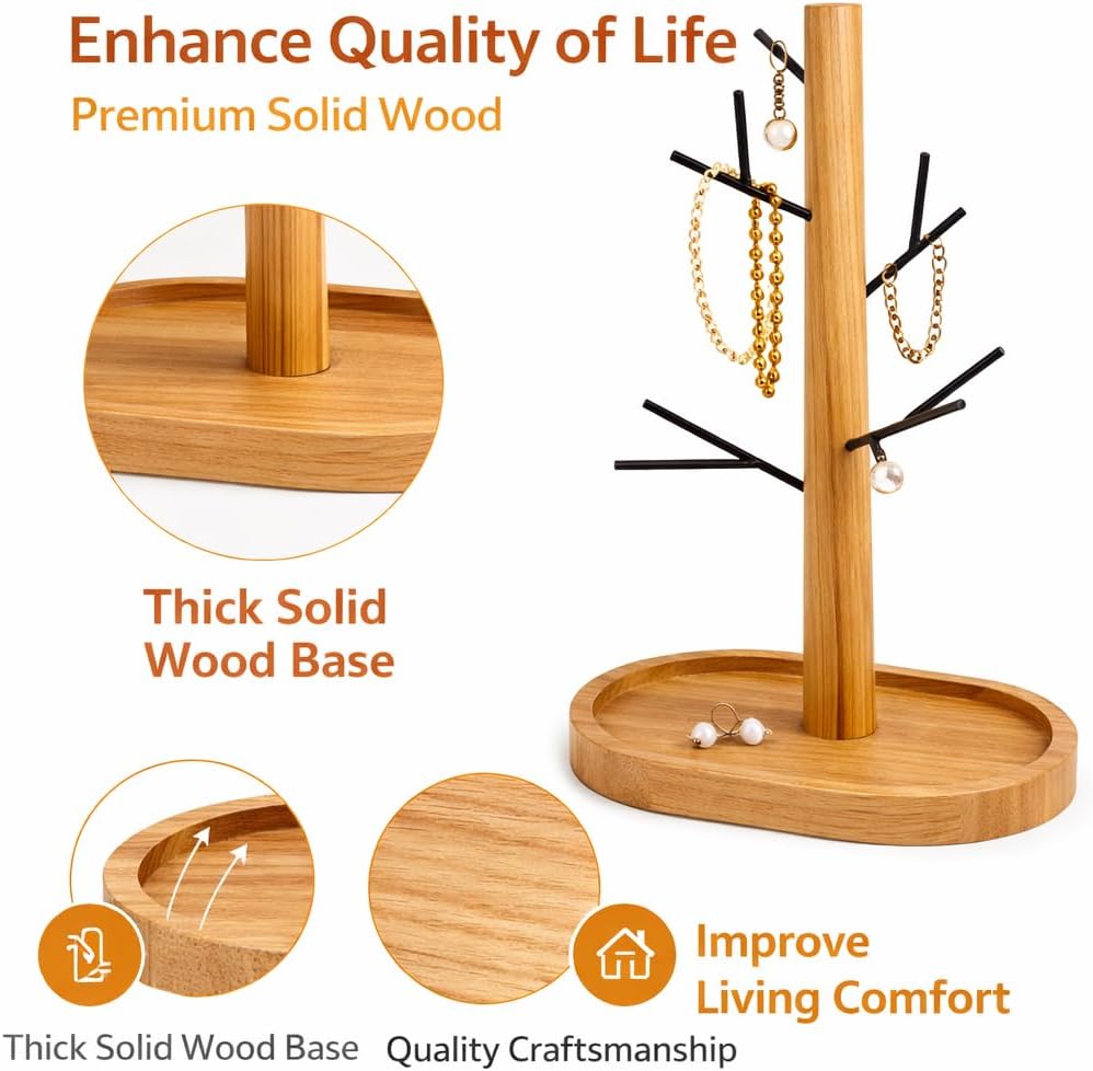 Creative Home Acacia Wood, Metal Tree Holder Stand│ Natural Wood & Black Branch Holder for Mugs, Jewelry & Accessories │ Stylish Kitchen or Vanity Organizer Gift