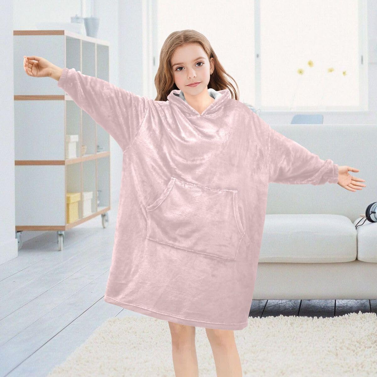 Różowa szachownica dziecięcy koc do noszenia bluza z kapturem oversize bluza koc sweter abstrakcyjny wzór w kratkę dla chłopców i dziewcząt w wieku 3-14 lat