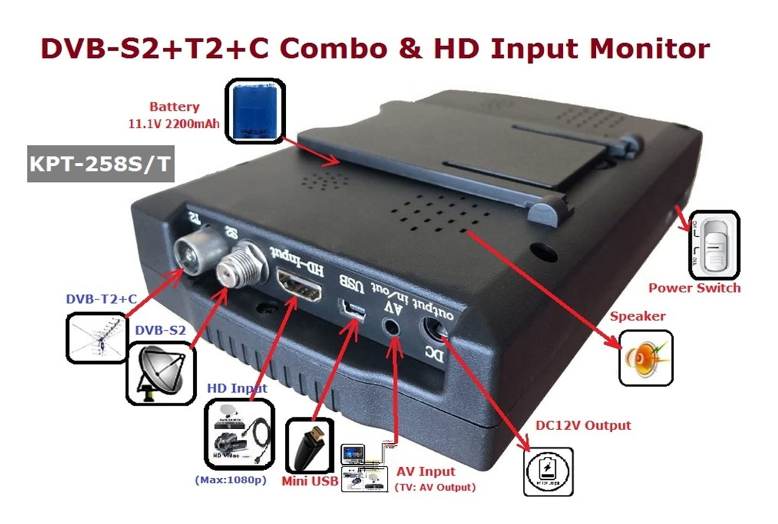 Buscador de satélite, KPT-258S / T DVB-S2 DVB-T / T2 DVB-C Finder de medidor satelital digital combo H.265 vs KPT716TS WS-6933 ST-5150