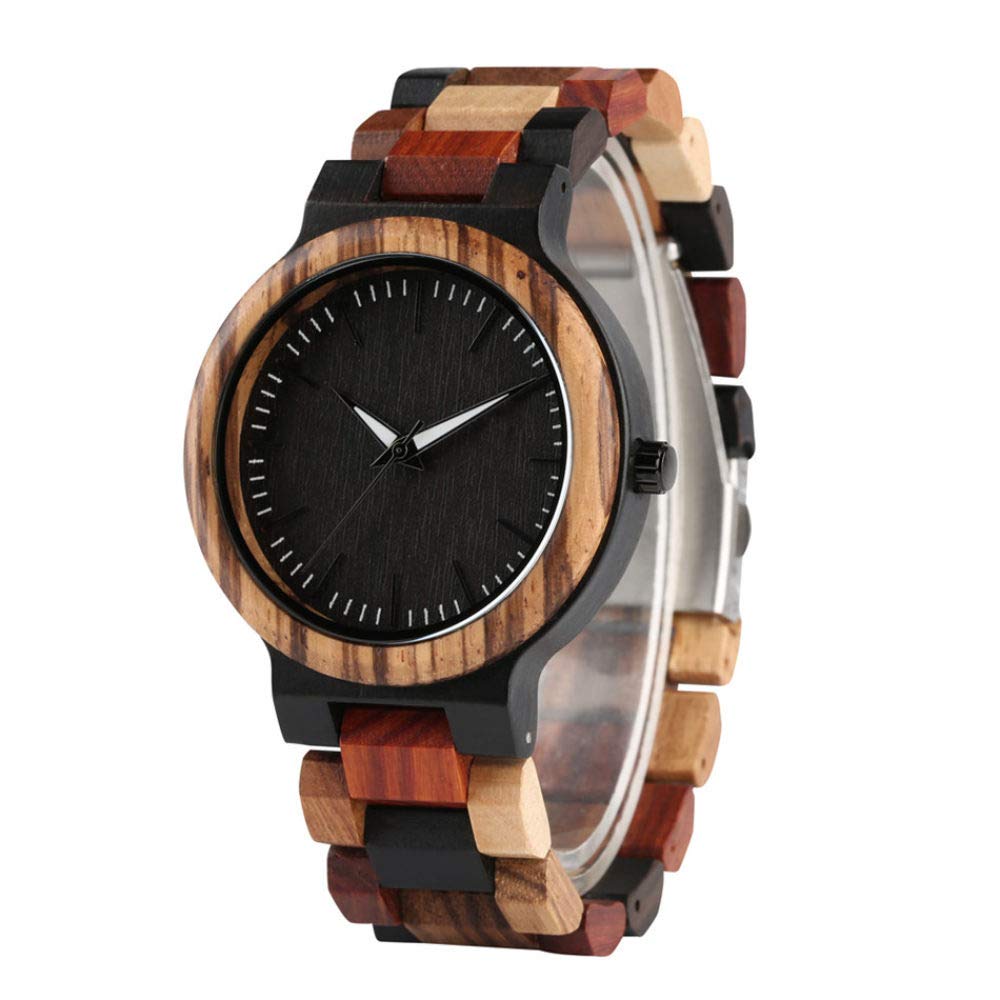 CAIDAI&YL Orologio da Uomo Casual in Legno con Fibbia Pieghevole, quadrante Rotondo Nero Minimalista, con Scatola