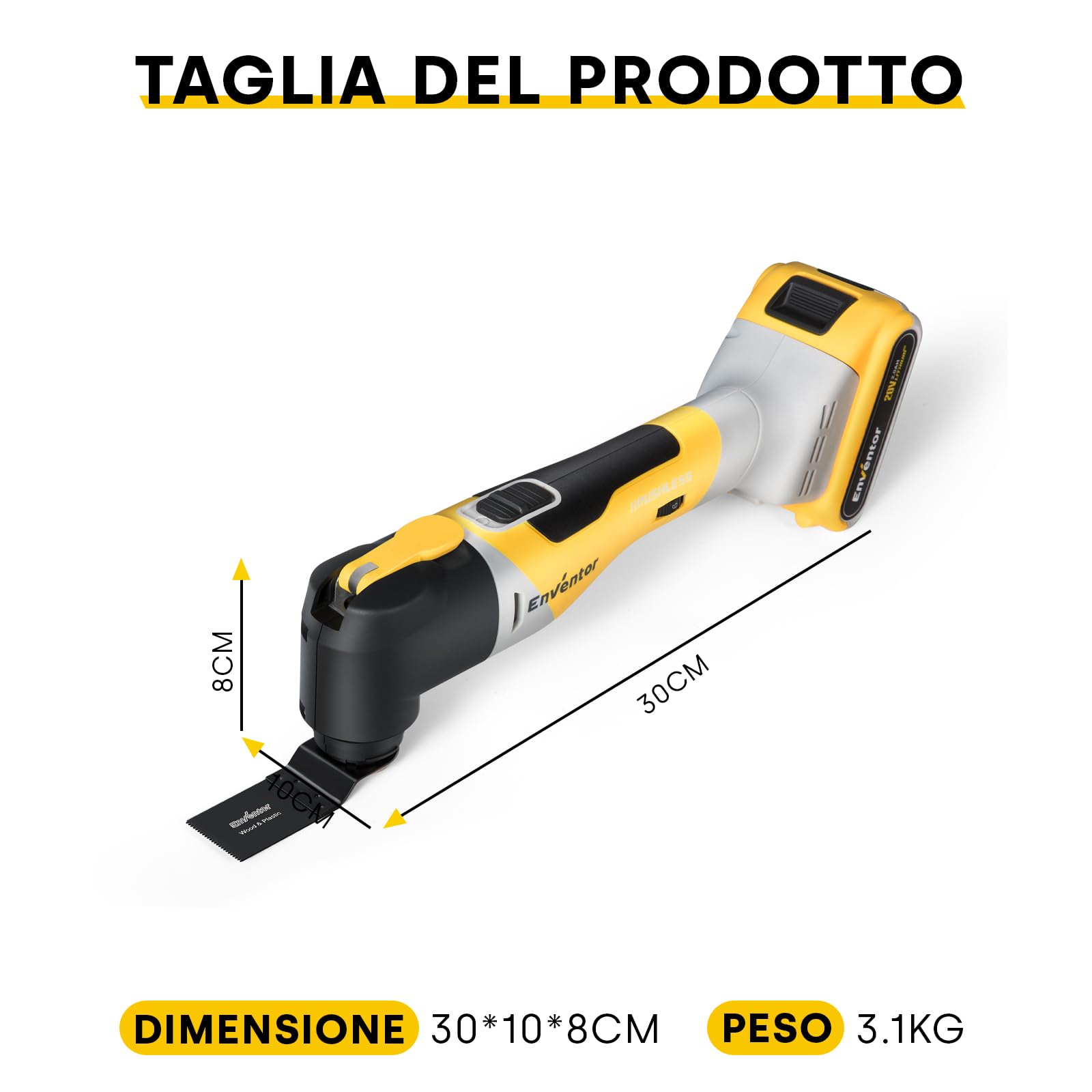 Enventor Utensile Multifunzione Oscillante a Batteria da 20V Brushless, 12000-19500RPM, 6 Velocità Regolabili, 4° Angolo di Oscillazione, 28 Accessori, Per Raschiatura, Taglio, Lucidatura