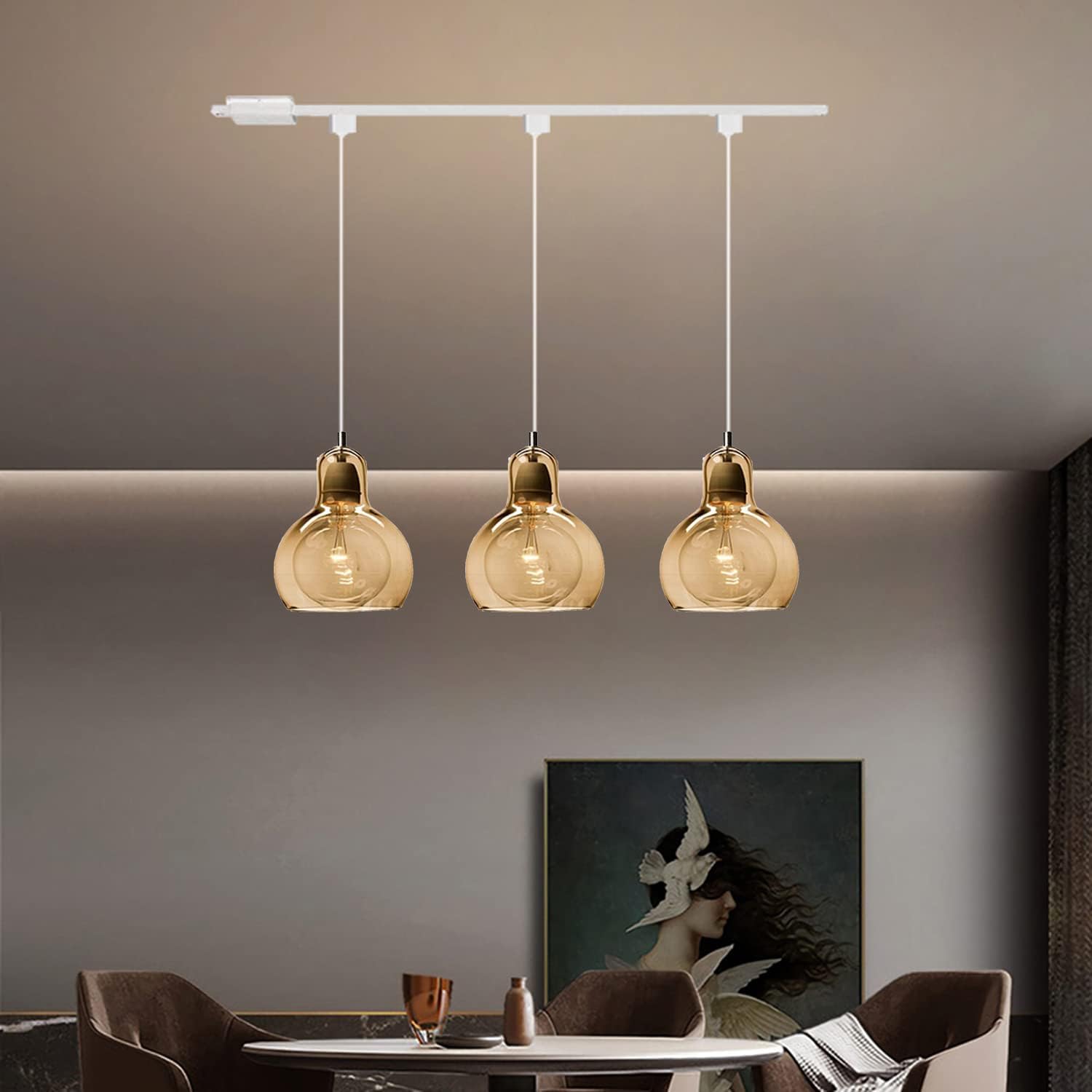 Kiven H-Series Track Lighting Kitchen Pendant Light Amber Glass Shade Industrial Hanging Lamp,Total Length 10.2 Inches-1 Light