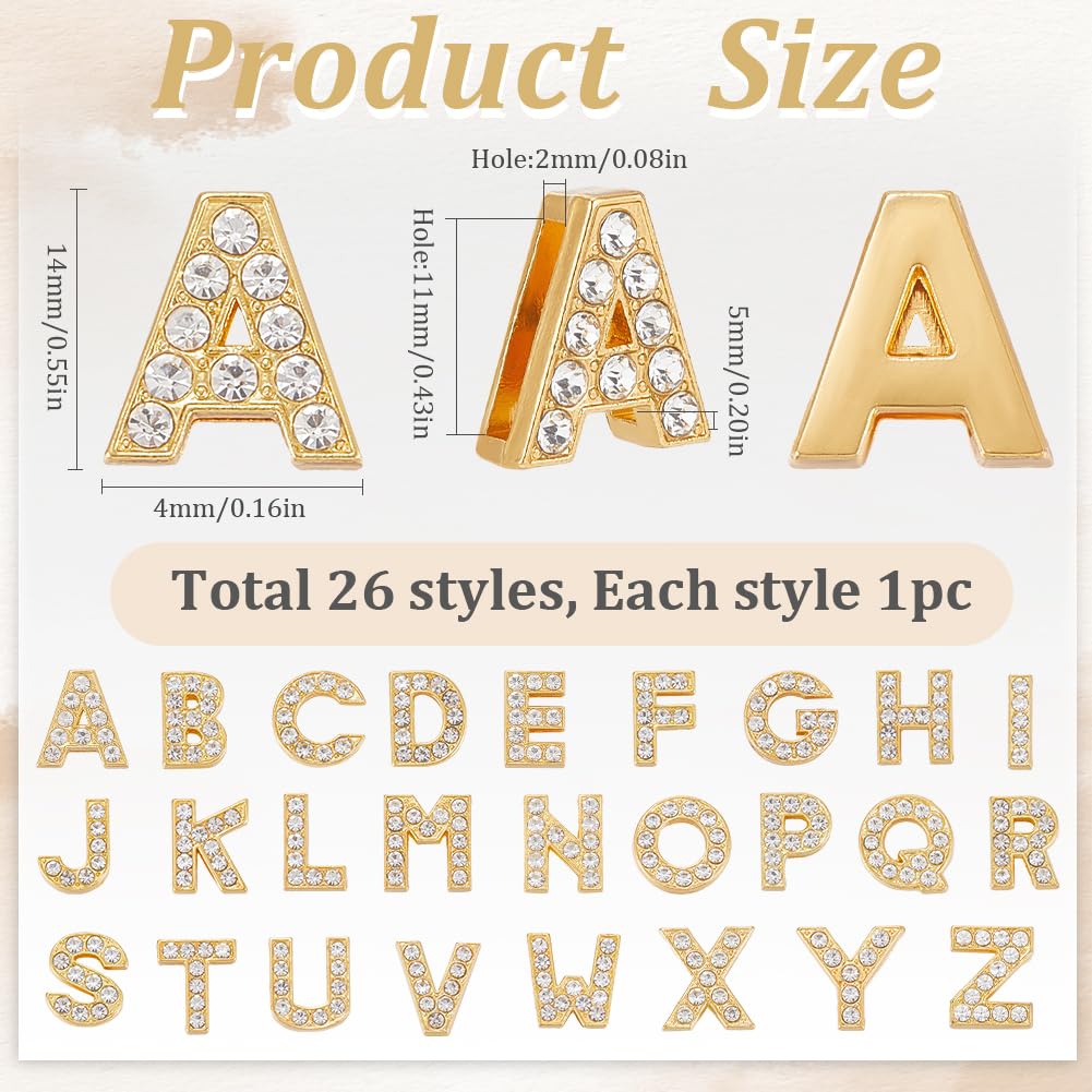SUNNYCLUE 1 Box 26Pcs 26 Styles Rhinestone Alphabet Beads Charm Golden Crystal Letter Charms Bulk Metal Alloy Slide Full Rhinestones Art 3D A-Z Bead Charm for jewellery Making DIY Necklace Bracelet - Image 2