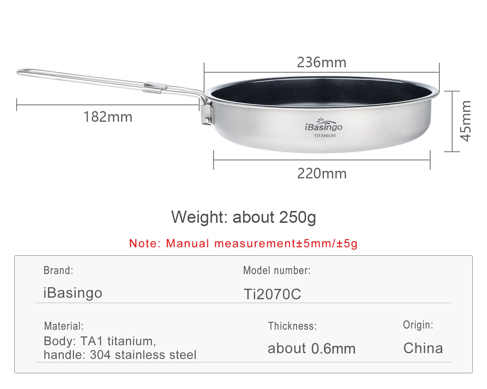 iBasingo 22 cm Camping Bratpfanne 1500ml Titan Antihaft Pfanne mit Klappgriff Tragbar Leichtes Kleine Teller Griddle Wandern Skillet Outdoor Backpacking Kochgeschirr für Gebratenes Ei Steak Ti2070C