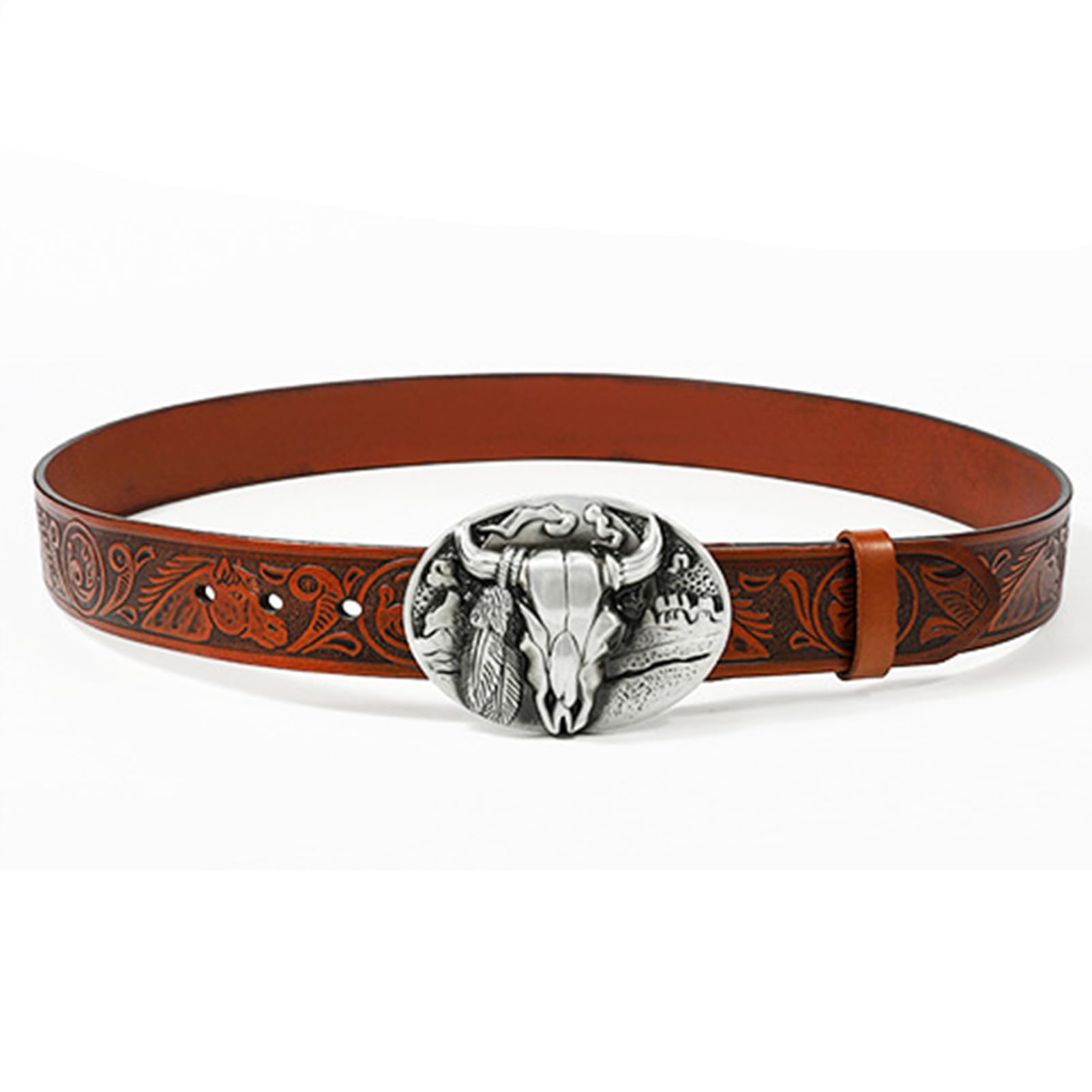 Cintura Da Uomo In Pelle Di Vacchetta Goffrata, Fibbia Ovale Con Teschio Toro Western Vintage, Cinturino Cowboy Incisione Floreale