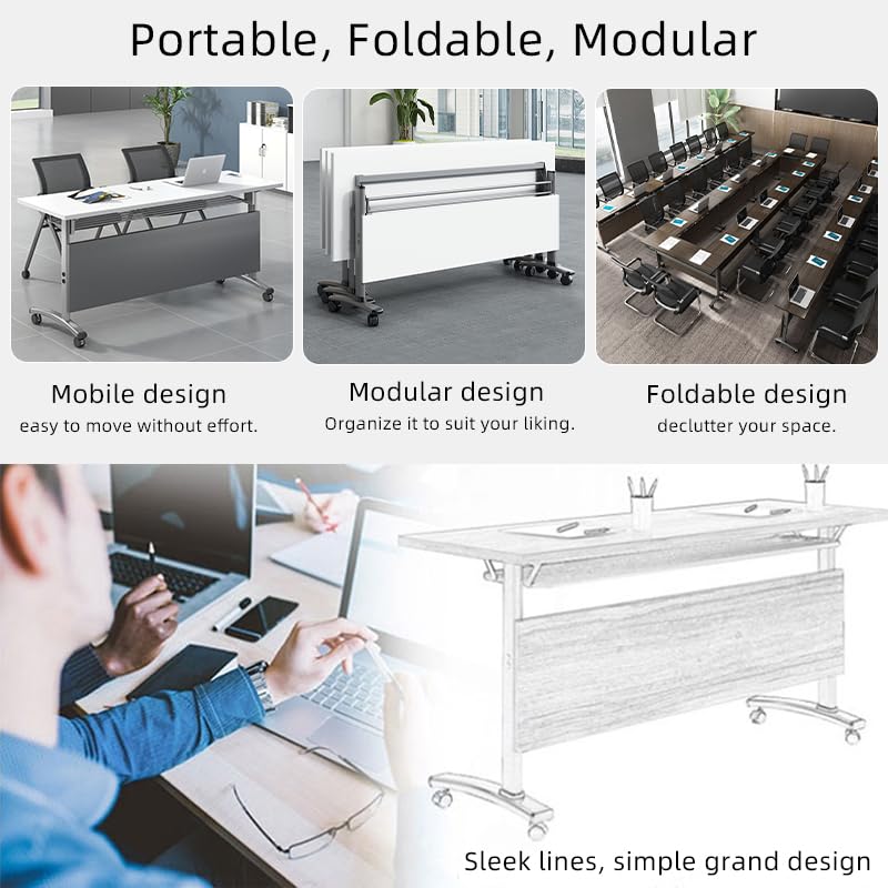 Mesa de conferencias Plegable, versátil, Rectangular, Grande, con Ruedas silenciosas, solución móvil para reuniones dinámicas en oficinas y aulas (Blanca, 140 x 60 x 76 cm)