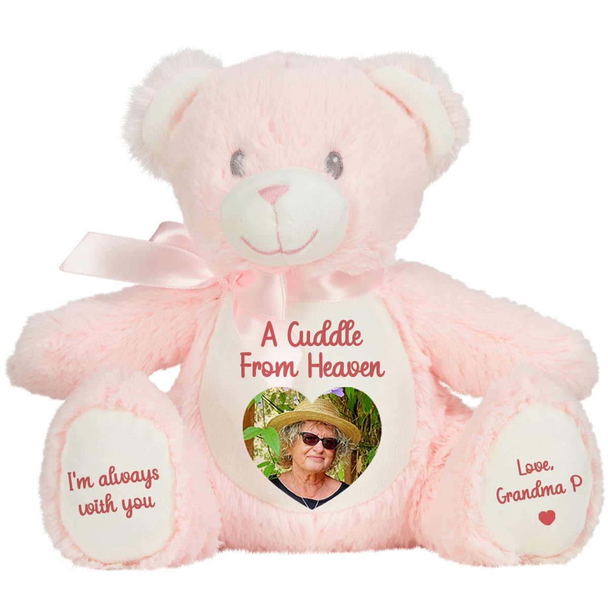 Personalised Memory Teddy Bear with Heart-Shaped Photo – “A Cuddle From Heaven” Keepsake Gift – 28 Bear Styles – Add Your Text & Choose Colour – Custom Memorial Bear (Pink Teddy)