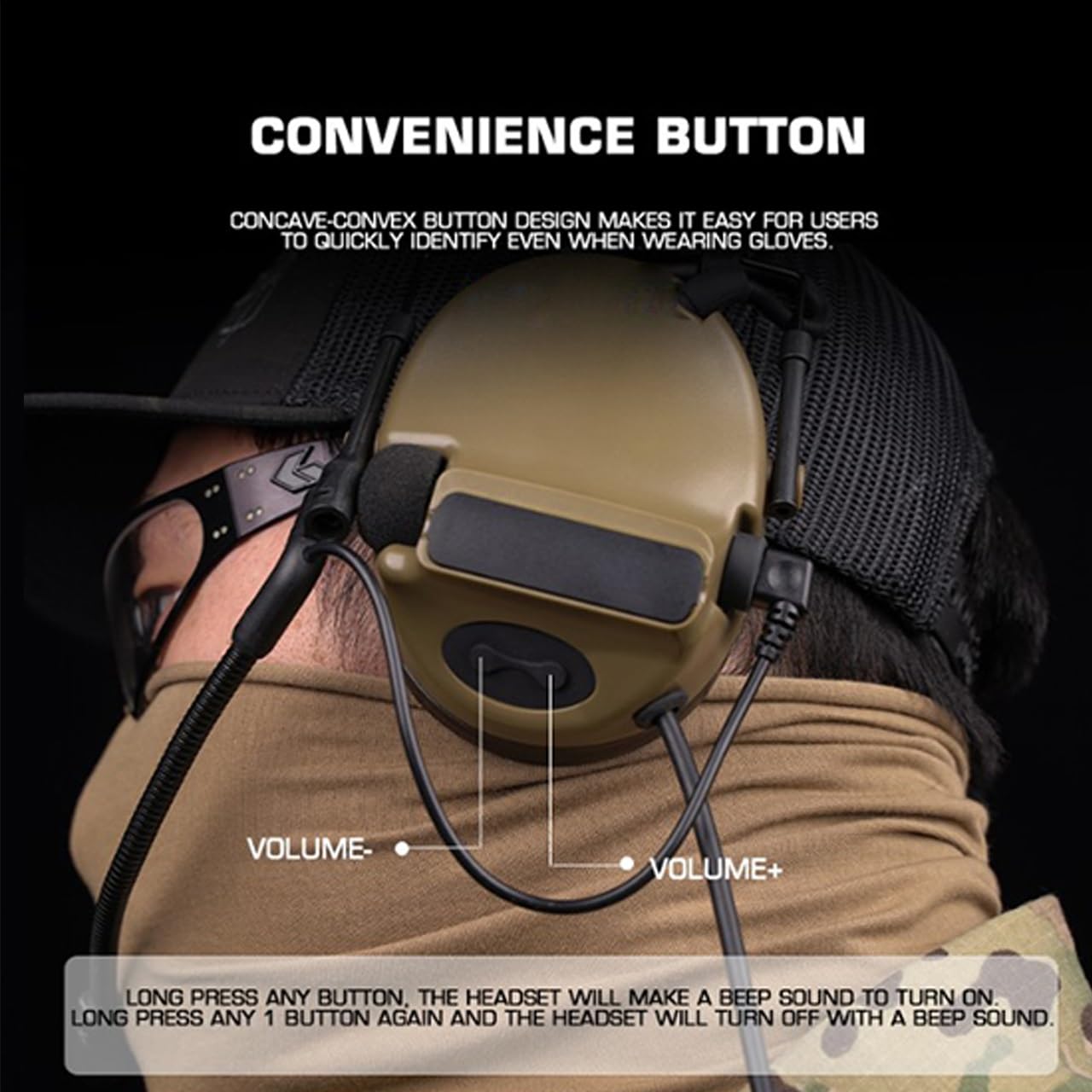Casque Tactique Pliable avec Micro Détachable & Commandes Gantées - Coussinets Mémoire Anti-Bruit pour Airsoft/Extérieur (sans ANC)