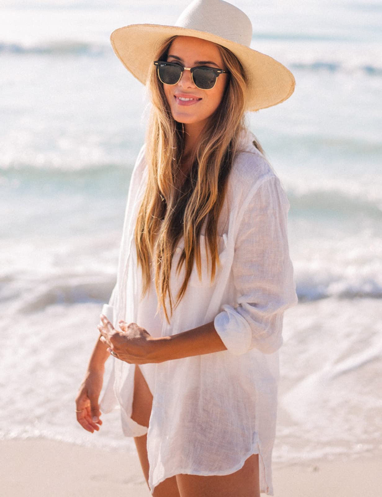 Niwicee Chemise Femme De Plage Ete, Tunique Paréo Chemisier Plage Chic Manches Longues Fluide Blouse Boutonnee,Maillot de Bain Bikini Cover Up,Cache-Maillots Et Sarongs Haut Beachwear