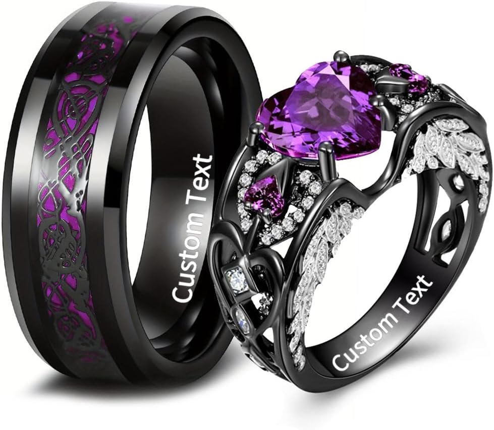 Custom Engraved Couple Rings Set Promise Rings for Him and Her Purple Heart Engagement Rings for Women Mens Wedding Band Tungsten Matching Boyfriend and Girlfriend Couple Jewelry Set