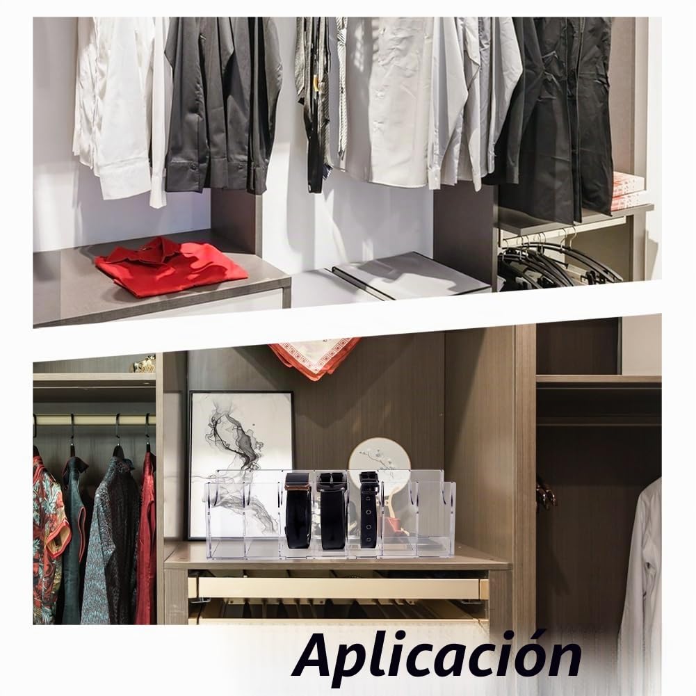 UNICRAFTALE Organizador de cinturón acrílico con 7 compartimentos, contenedor transparente para guardar relojes, corbatas, joyas y accesorios para armario