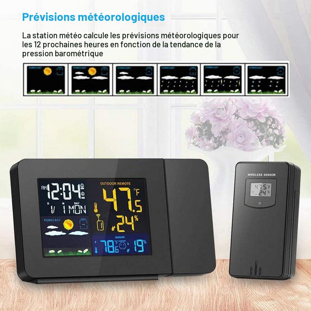 Station Météo Thermomètre Hygromètre sans Fil avec capteur, Horloge météo à Projection, thermomètre intérieur/extérieur avec Contrôle de Radio RCC, Réveil Doubles