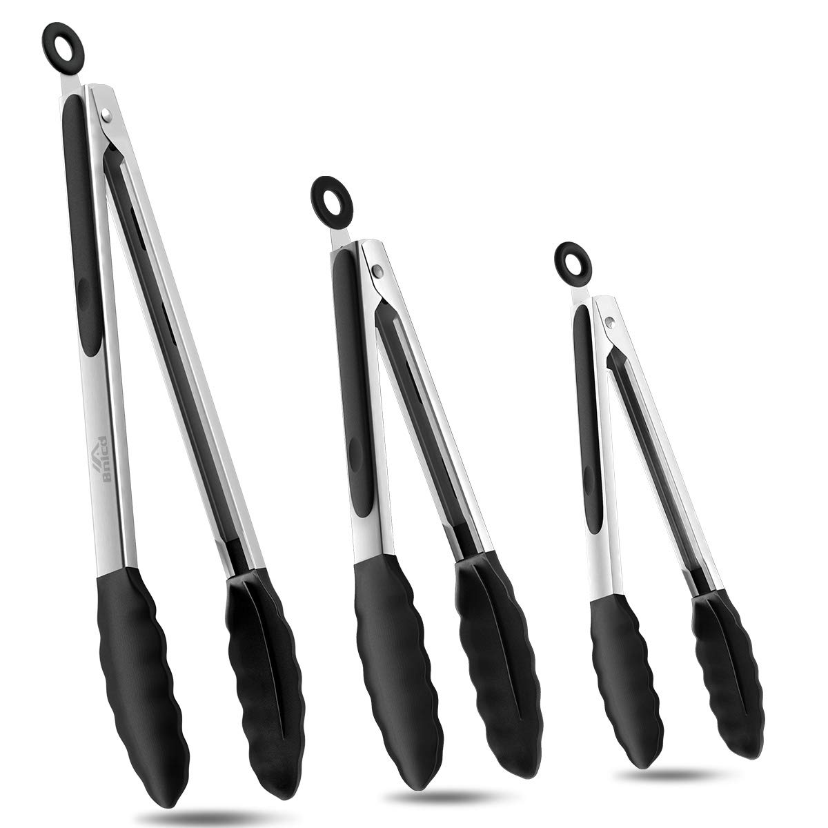BnlcdBnlcd Kitchen Tongs, Premium Stainless Steel Locking Cooking Tongs with Silicone Tips, Non-Slip Food Tongs for Cooking, Heavy Duty, Non-Stick, 480℉, Set of 3-7" 9" and 12" Black