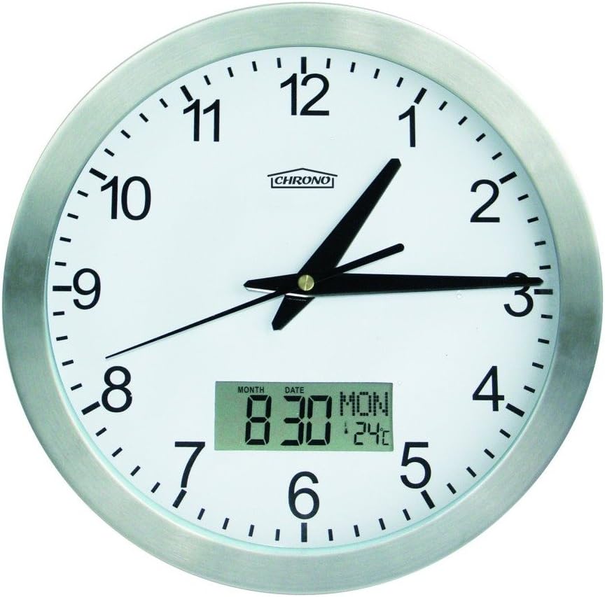 Wall Clock with Thermometer and Dater, CHRONO ZP8, 24cm Diameter, Metal Frame