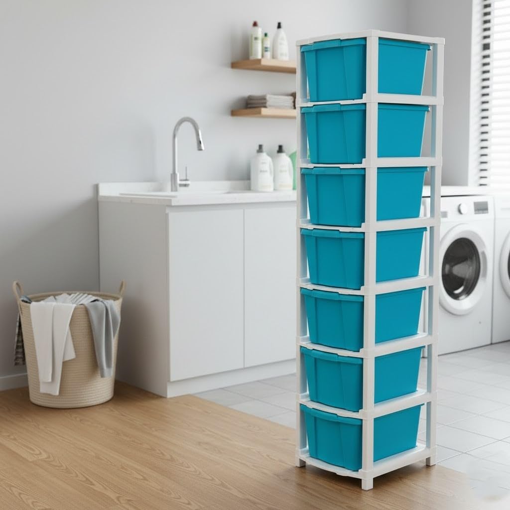 Plastic Wardrobe Organizer Storage Box - Durable Plastic Box for Storage Solutions, Multipurpose Closet Organizer with Easy Assembly, Ideal for Home and Office Use (Blue, 7-Tier)