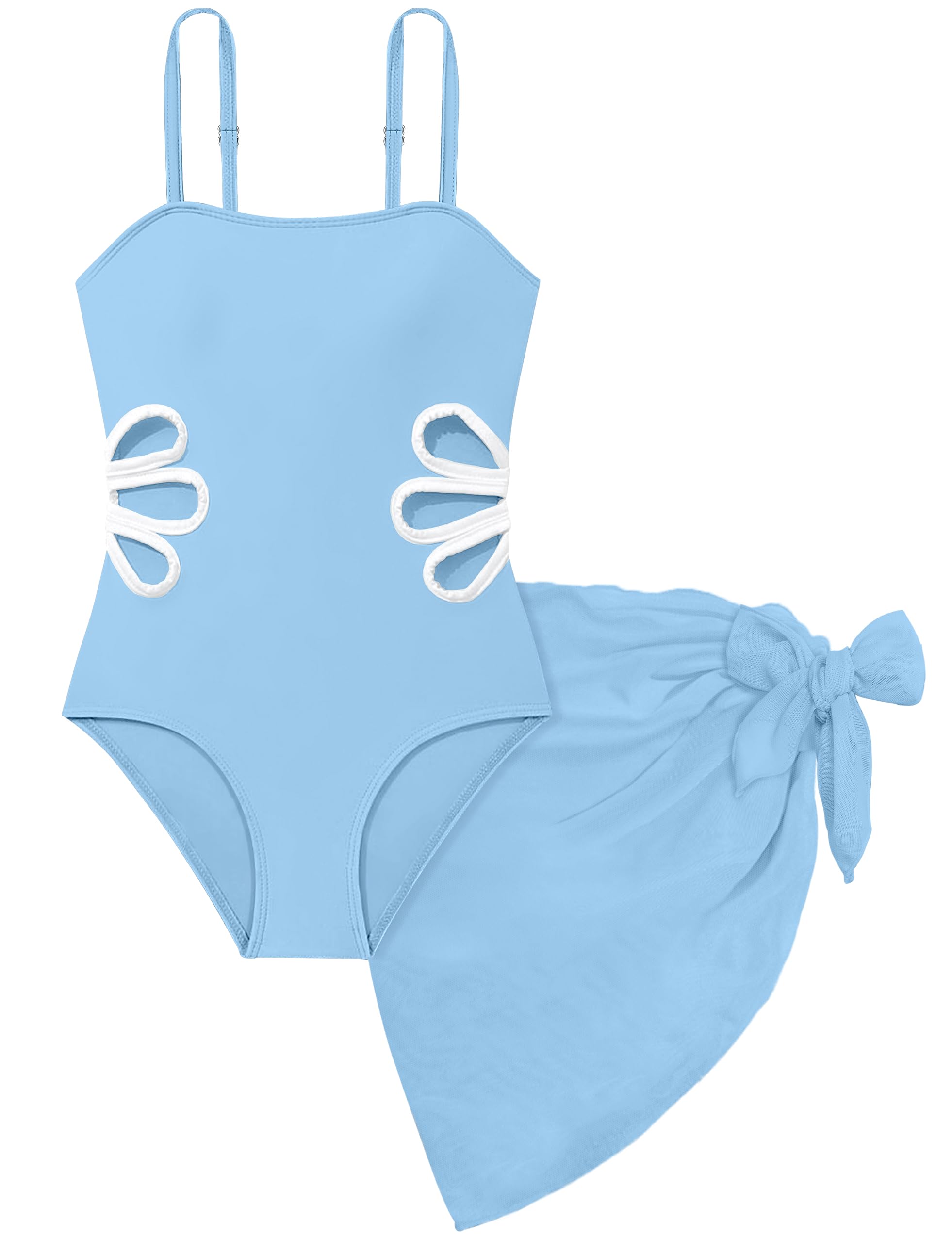 Girls Swimsuit Adjustable Straps Cut Out One Piece Bathing Suit with Solid Color Cover Up Skirt Girls' Swimwear 5-16Y