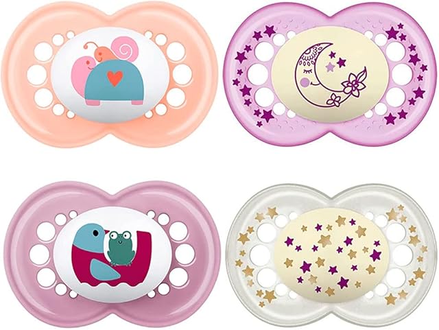 MAM Original Silicone Dummy 6-16 months SkinSoft Silicone, 4 pieces - value pack for girls, 2 travel boxes