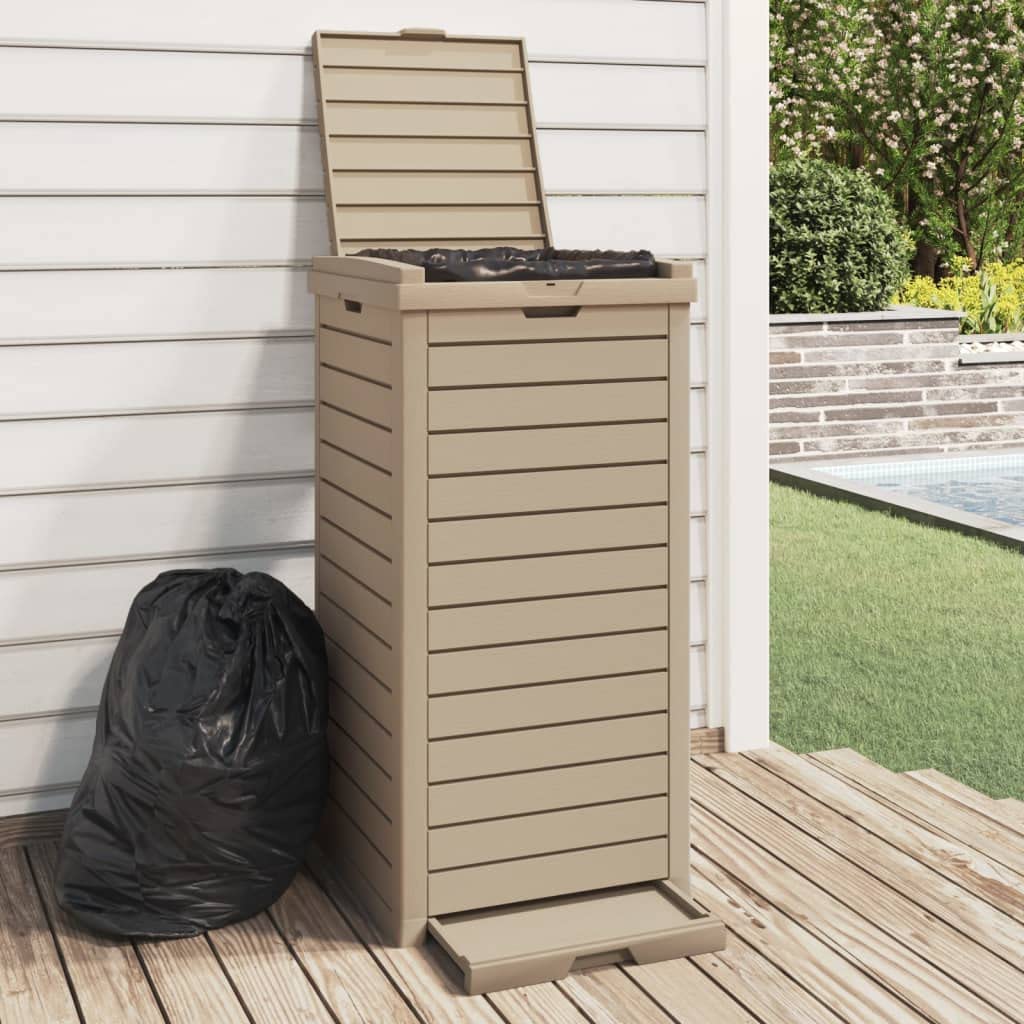 vidaXL Outdoor Garbage Bin with Double-Lid Enclosure, Imitation Wood Texture Design, Large 31.2-Gallon Capacity, Polypropylene (PP) Light Brown, Easy to Clean - Ideal for Public Spaces.