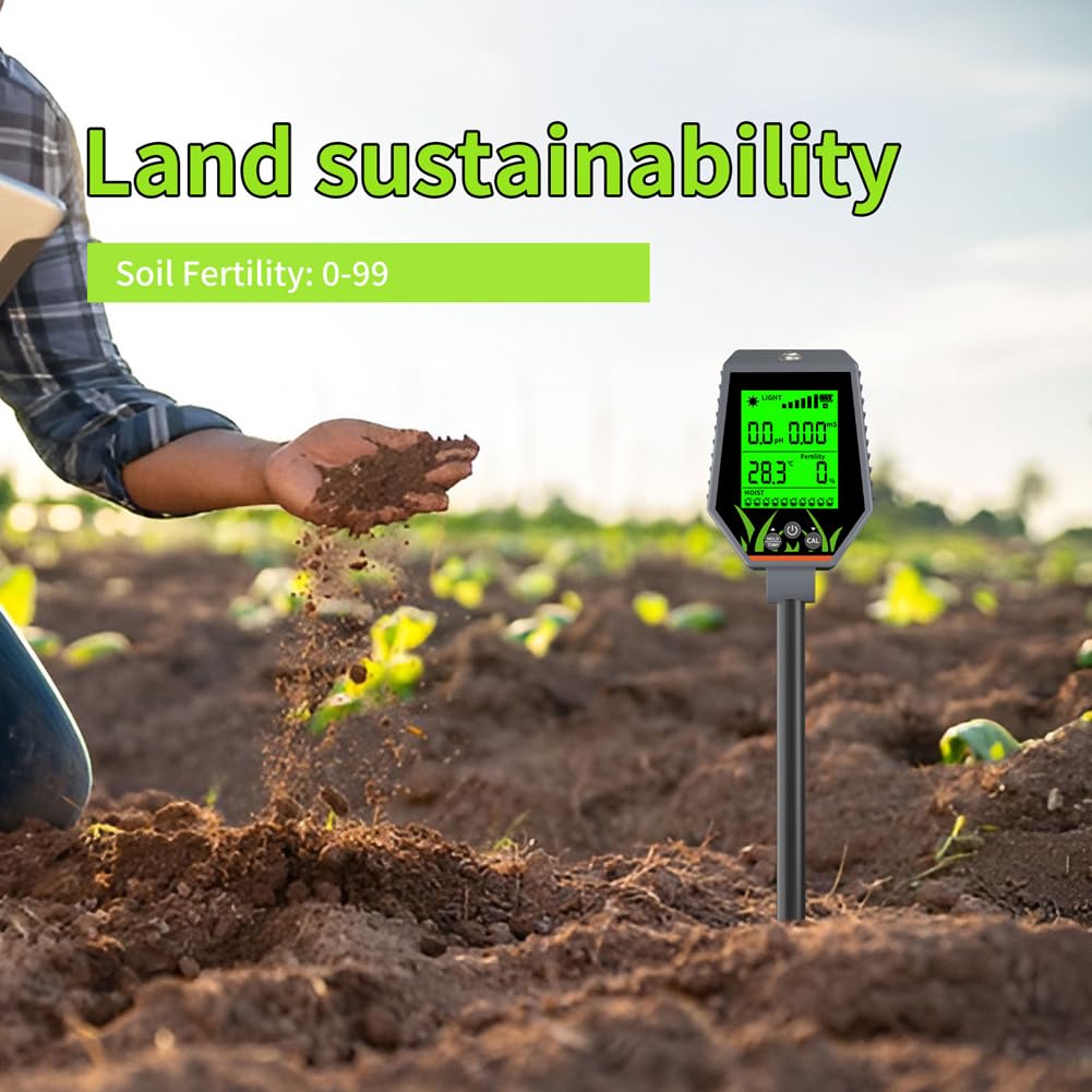 Luocute Tester Gleby 6 w 1, Wyświetlacz LCD PH Gleby EC Wilgoć Żyzność Miernik Temperatury światła Słonecznego z Podświetleniem, do Trawnika Ogrodowego Rośliny Doniczkowe Sadzenie w