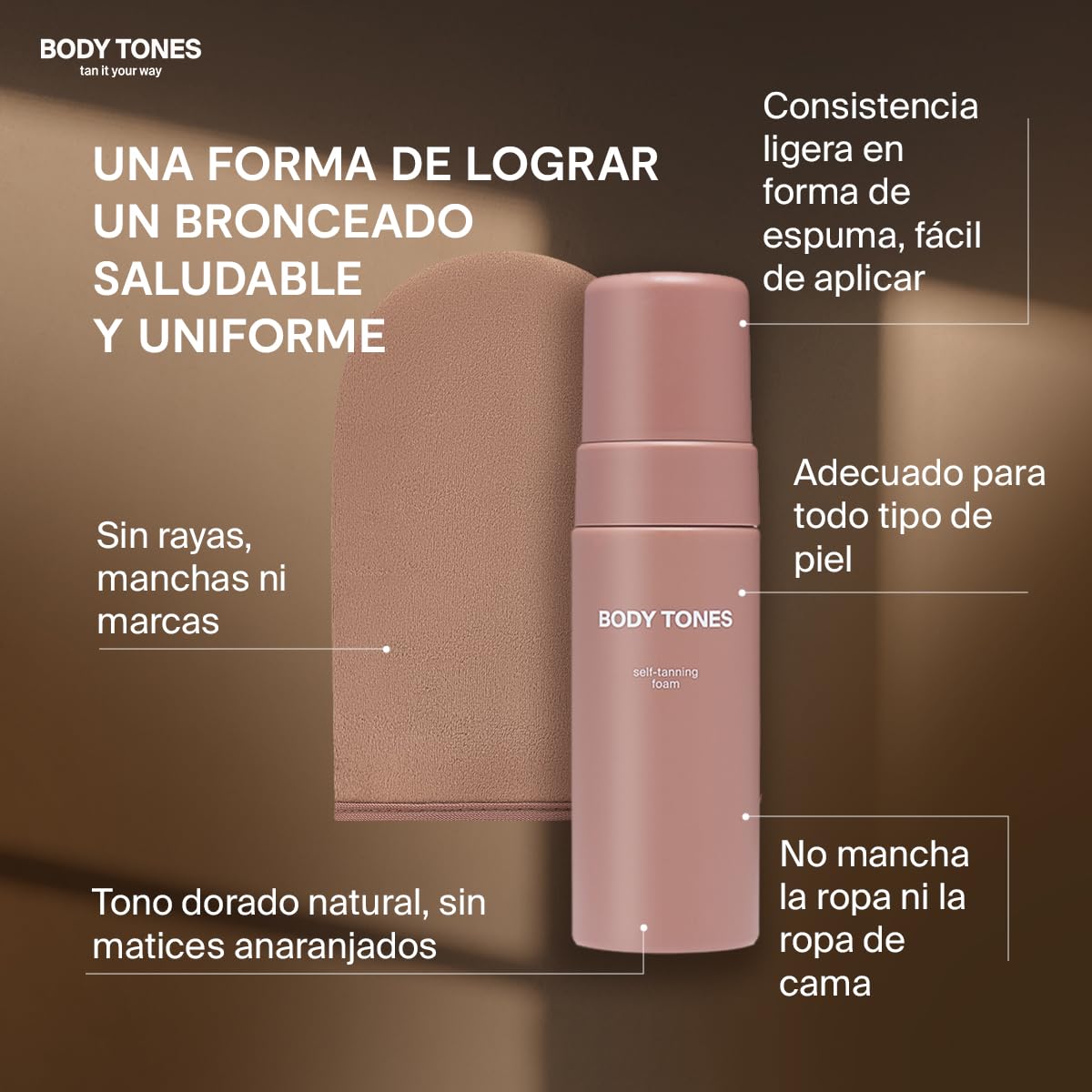Body Tones Autobronceadora Corporal y Guante 155 ml - sin Manchas - Mousse Autobronceador que Hidrata y Contrarrestra los Efectos del Envejecimiento, el Efecto del Bronceado Natural