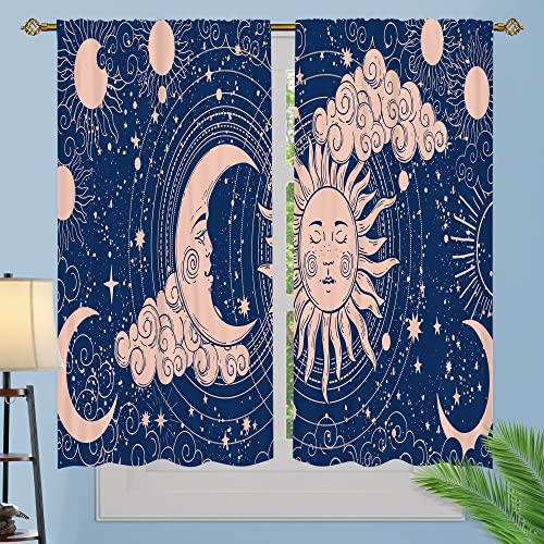 Eiichuang Sun Moon Curtains, Boho Celestial Bodies Gold Sun Moon And Stars Mandala Pattern Window Drapes, Bedroom Kitchen Decor Tapestry Curtains With Rod Pocket, 2 Panels Set 42 X 63 Inch #TOP2